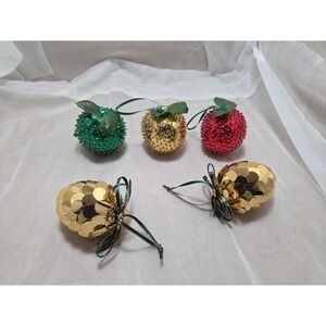 Set of 5 Vintage Handmade Fruit Christmas Ornaments - Apples and Pineapples